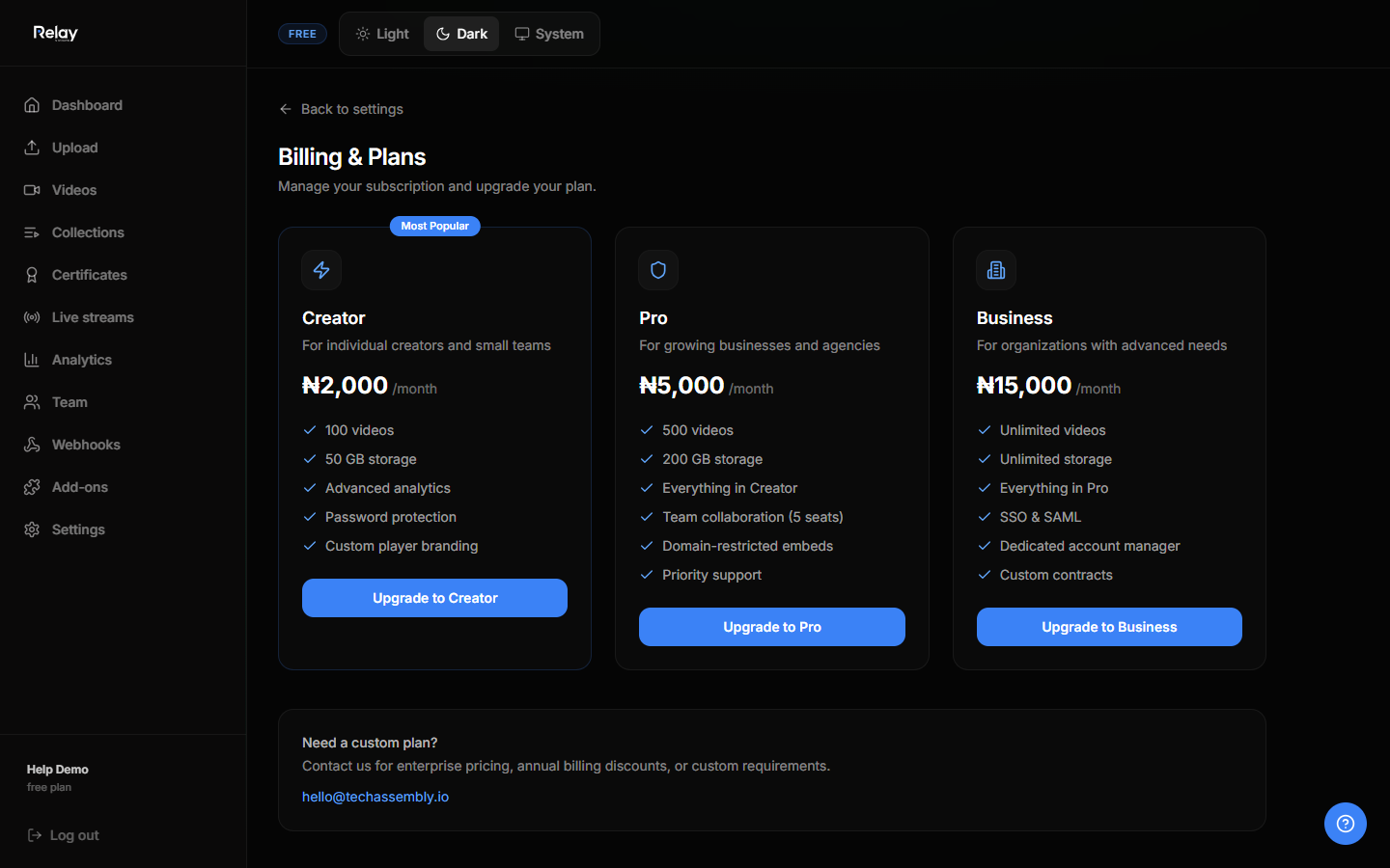 The Billing & Plans page showing the Creator, Pro, and Business plan cards