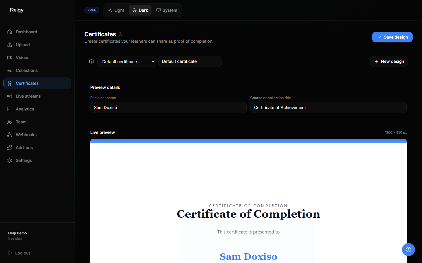 The Certificates page showing the certificate designer and live preview
