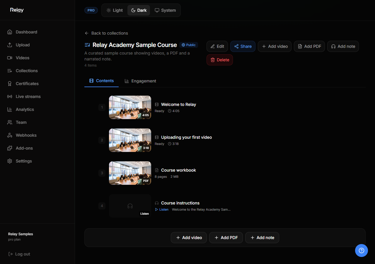 A populated collection detail page showing a video, PDF, and AI-narrated note with audio ready