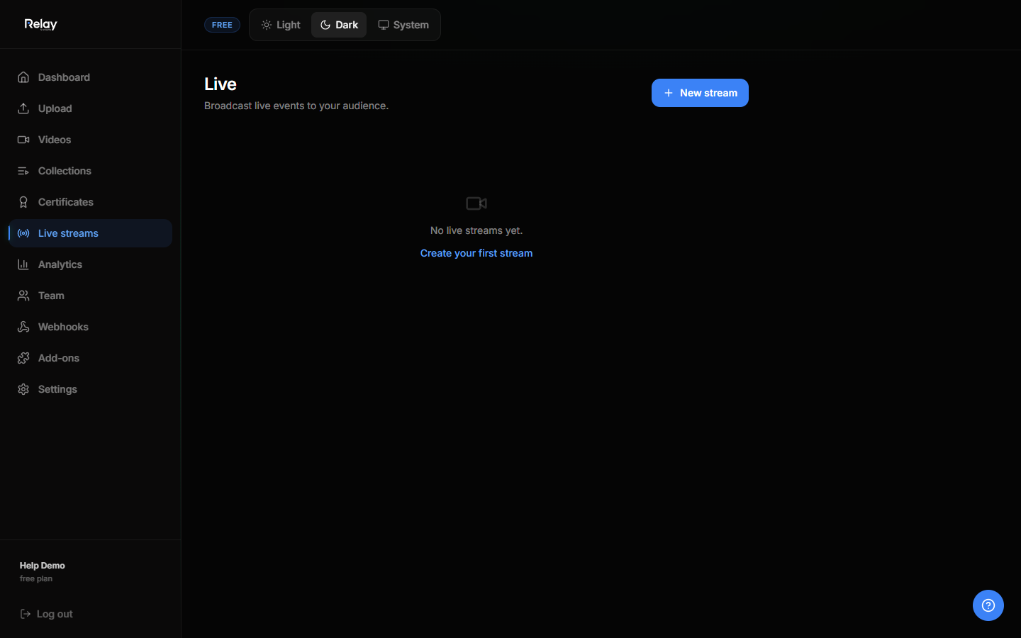 The Live streams page empty state with a New stream button