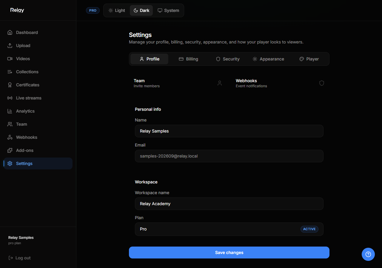 The Settings page with Profile, Billing, Security, Appearance, and Player tabs