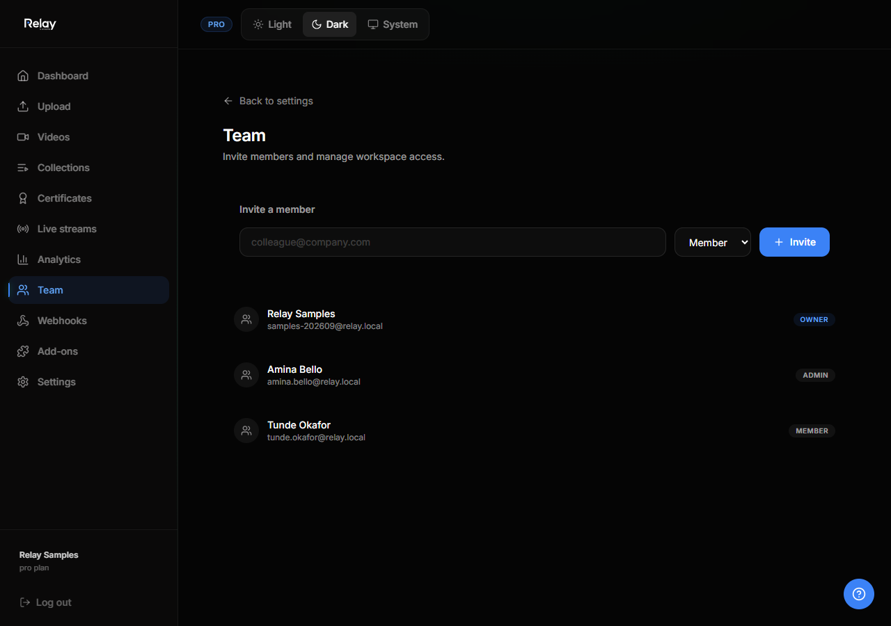 The Team settings page with the invite form and member list