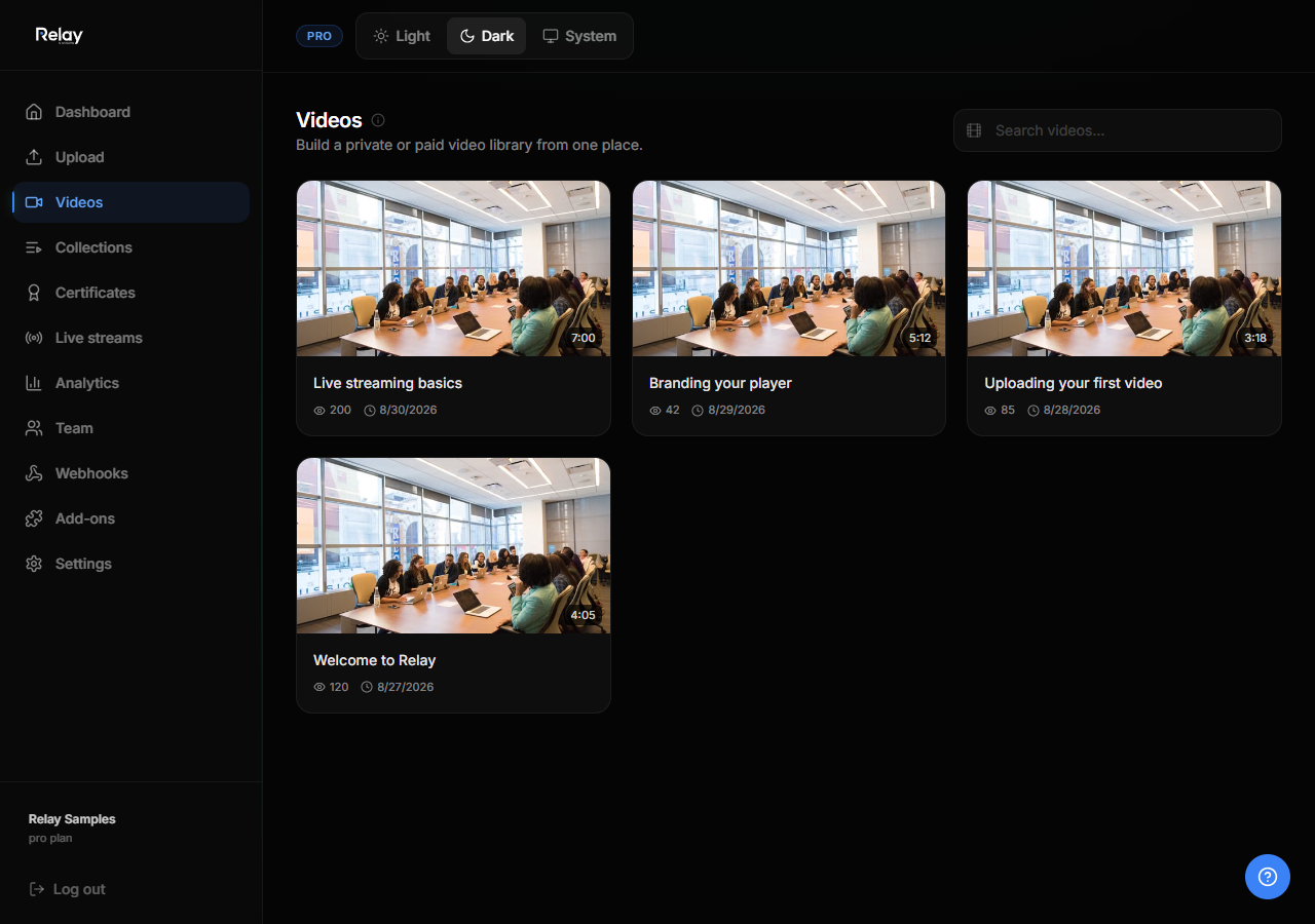 The Videos page showing several ready sample videos with thumbnails and view counts